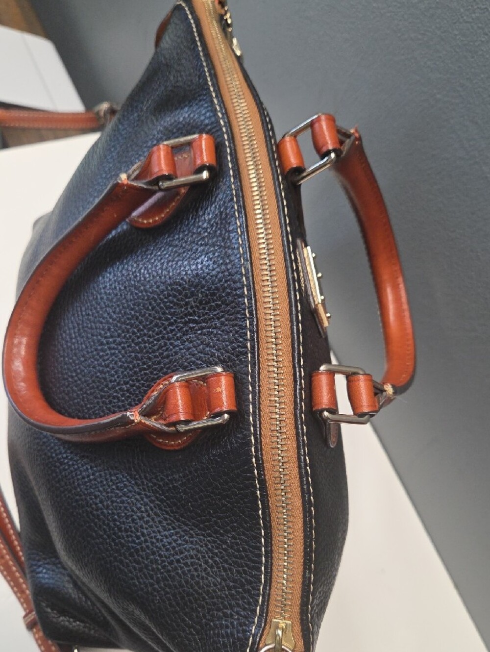 Dooney & Bourke Black Pebble Leather Satchel with Brown Trim - Picture 7 of 10
